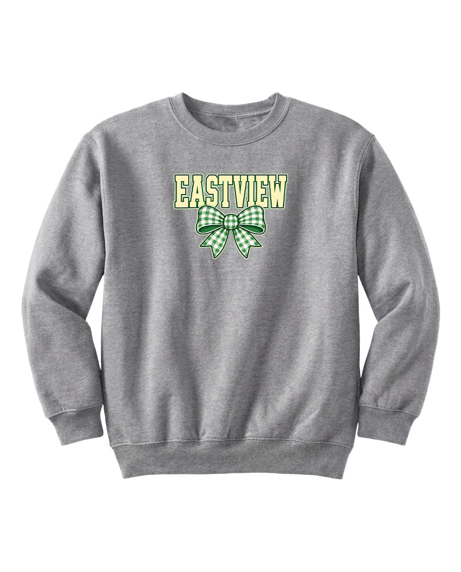 A gray sweatshirt with the text "EASTVIEW" and a green bow on the front.