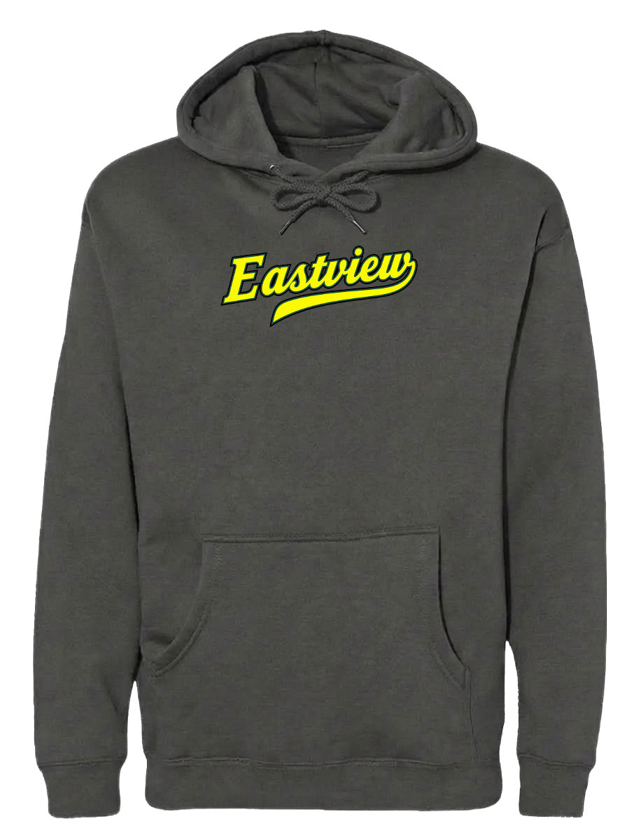 A gray hooded sweatshirt with the word "Eastview" printed in yellow on the front.