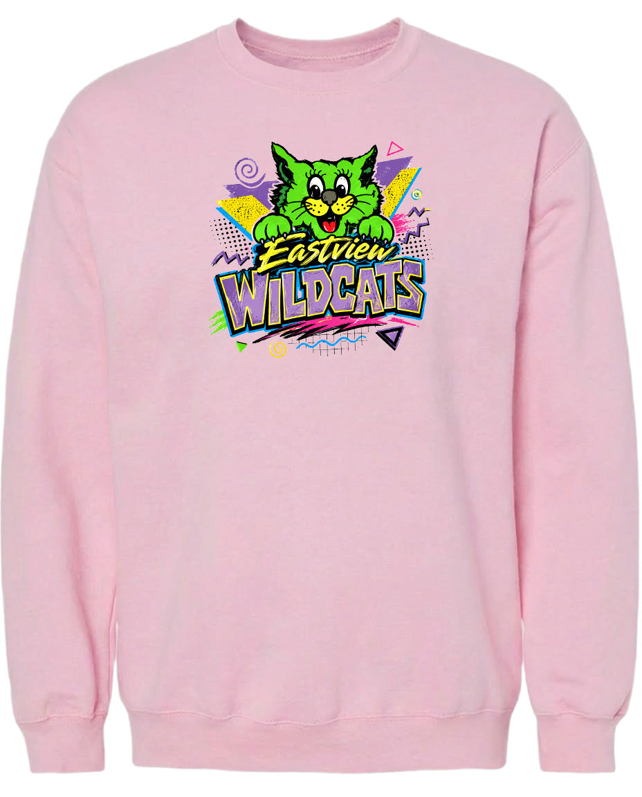 A pink sweatshirt with a graphic design featuring a cartoon cat and the text "Eastview Wildcats".