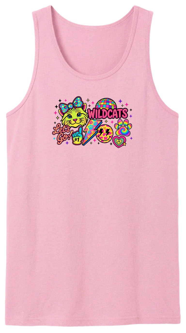 A pink tank top with a colorful graphic design featuring a cat, a lightning bolt, and various other elements.