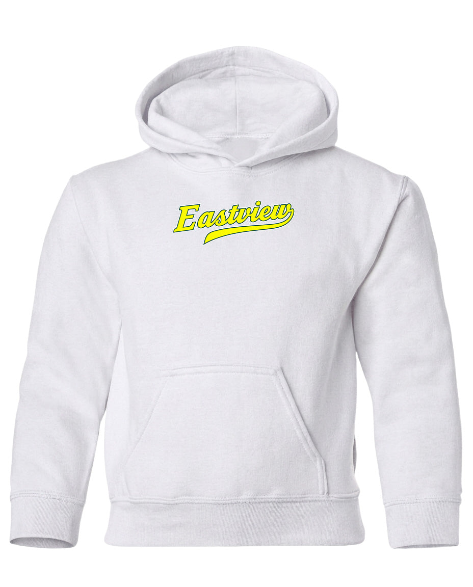 A white hoodie with a yellow logo on the front.