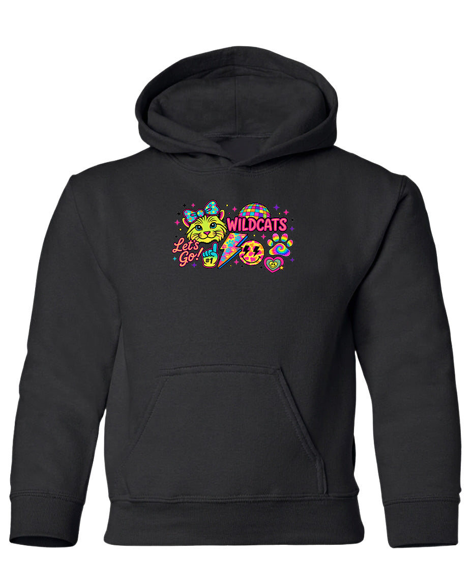 A black hoodie with a colorful graphic design featuring a cat and the text "WILDCATS" printed on it.