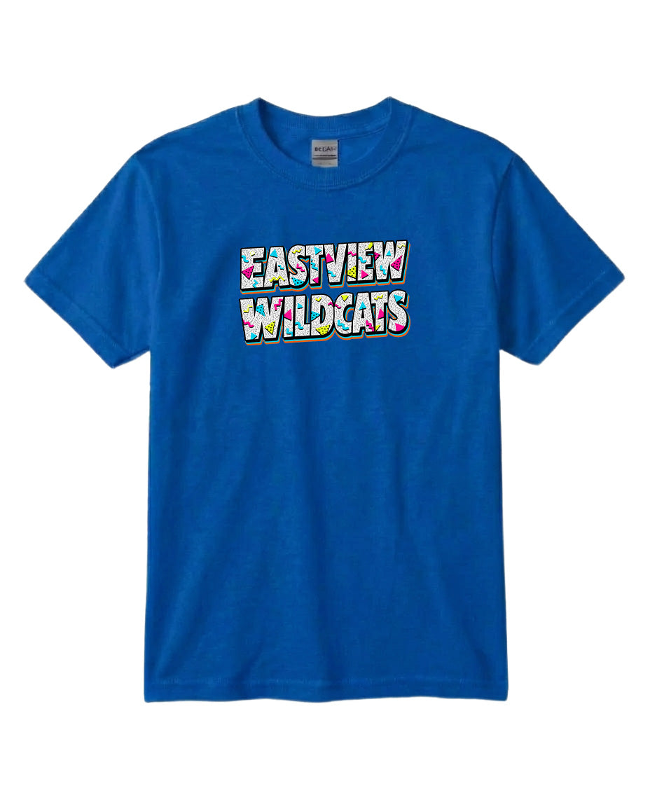 A blue t-shirt with the text "EASTVIEW WILDCATS" printed on it.