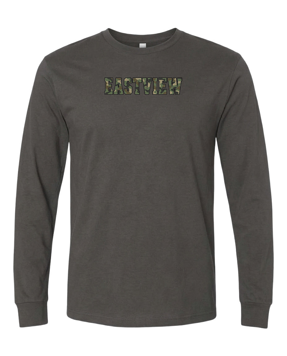 A gray long-sleeved t-shirt with the word "EASTVIEW" printed on it in a camouflage pattern.