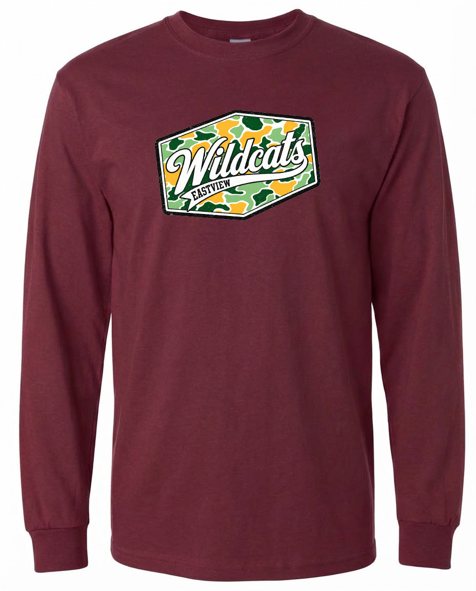 A burgundy long-sleeved t-shirt with a graphic design featuring the text "Wildcats" and a camouflage pattern.