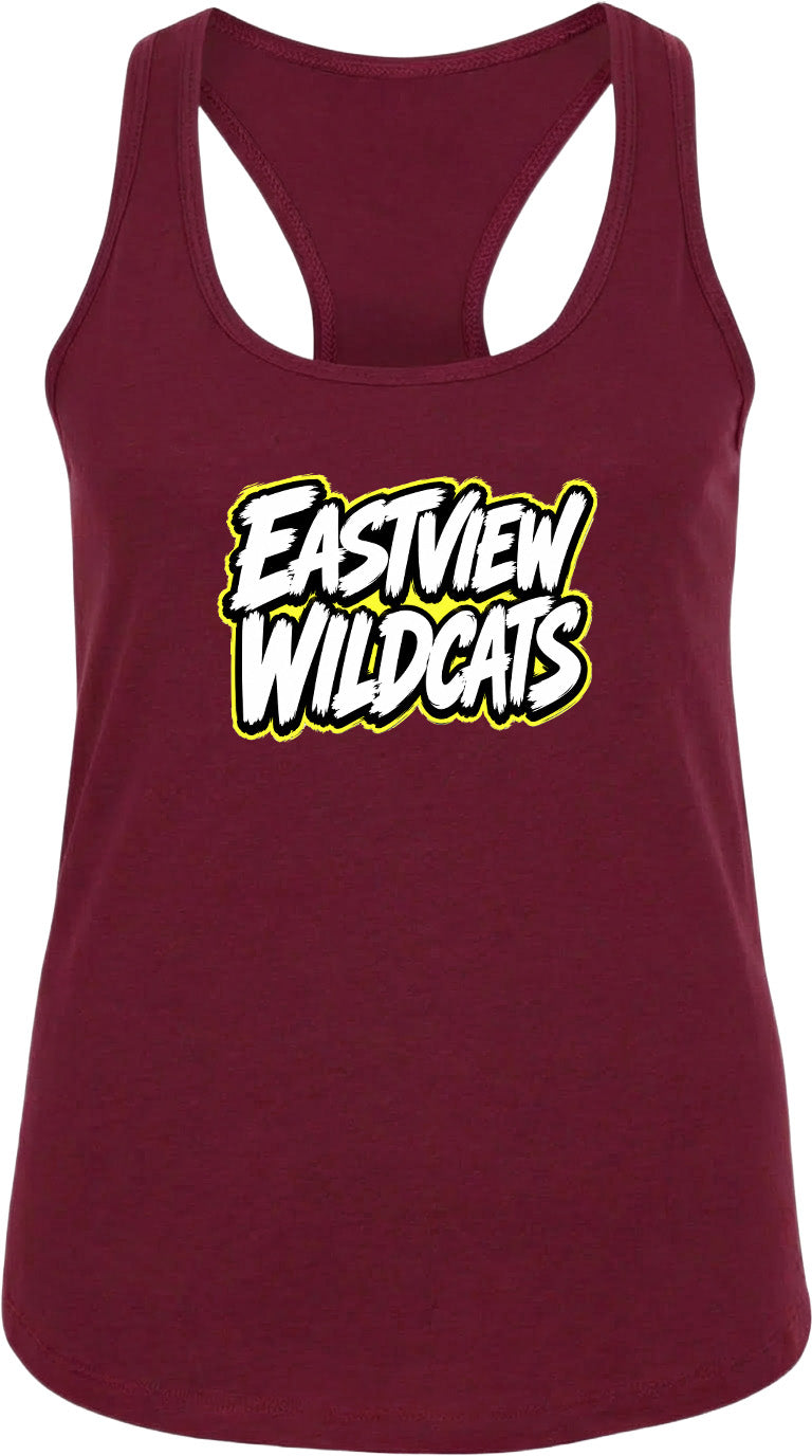 A burgundy-colored tank top with the text "EASTVIEW WILDCATS" printed on it in white and yellow lettering.