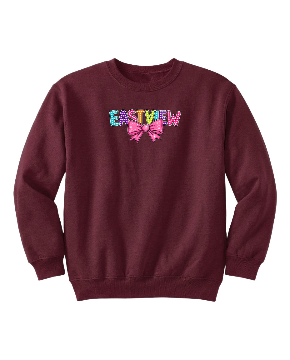 A burgundy-colored sweatshirt with the word "EASTVIEW" printed on it in a colorful, stylized font.