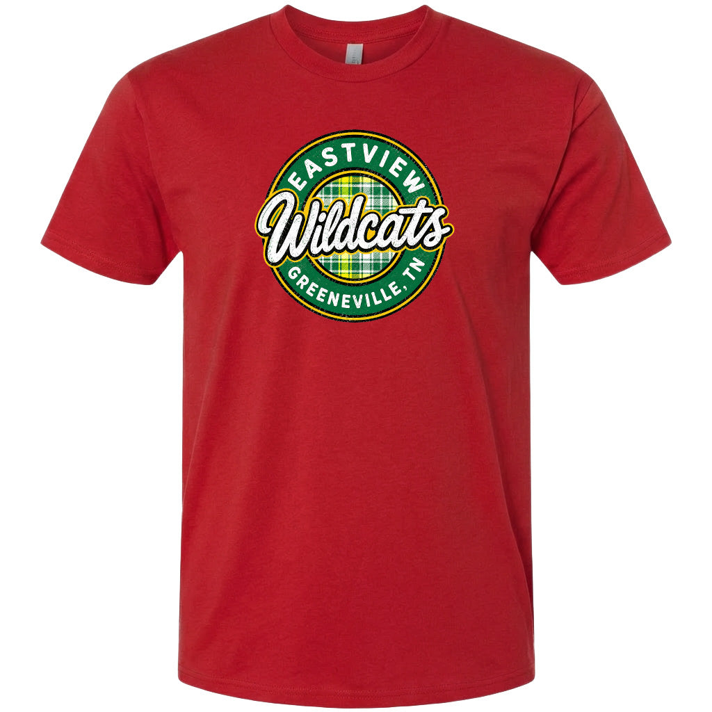 A red t-shirt with a circular logo that says "Eastview Wildcats Greeneville, TN".