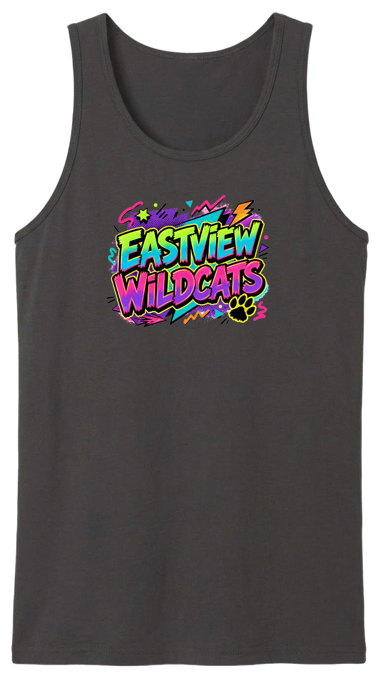 A gray tank top with a colorful graphic design featuring the text "EASTVIEW WILDCATS" in a vibrant, retro-style font.