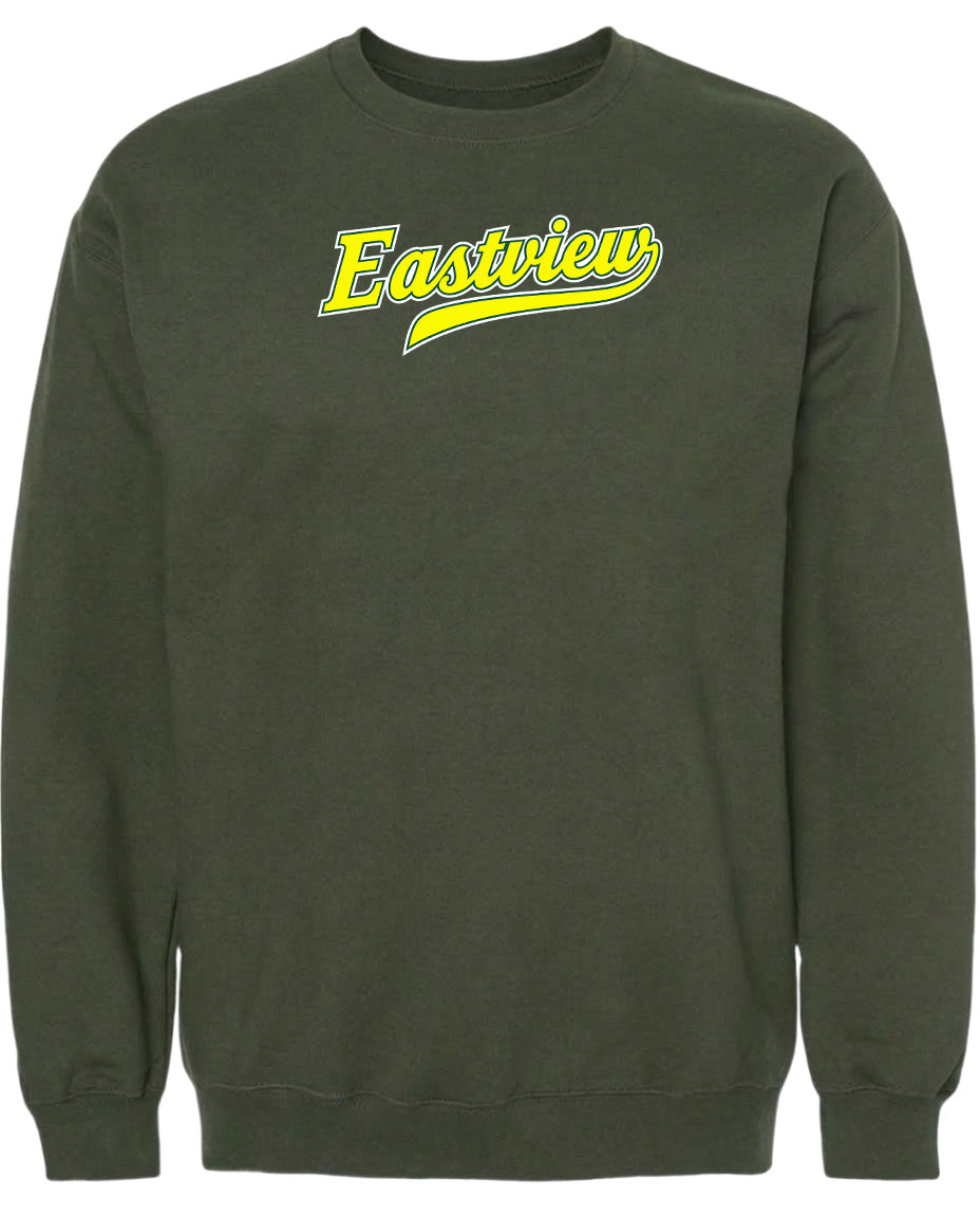A dark green sweatshirt with a yellow text logo on the front.