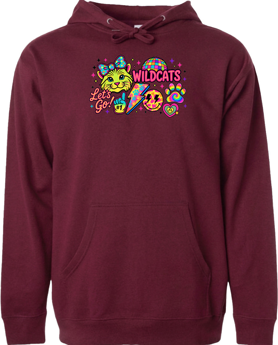 A burgundy hoodie with a colorful graphic design featuring a cat, a smiley face, and various other elements.