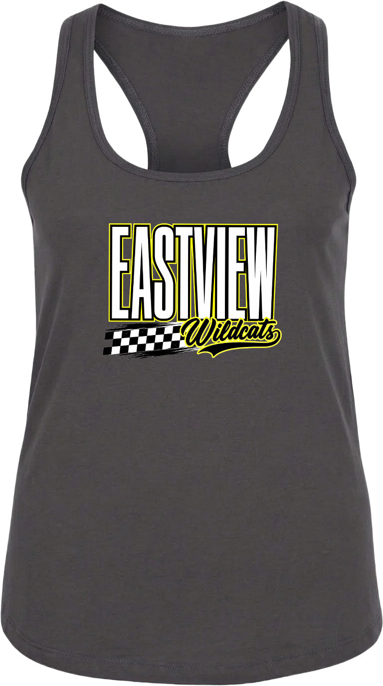 A gray tank top with a graphic design featuring the text "EASTVIEW Wildcats" in yellow and black.