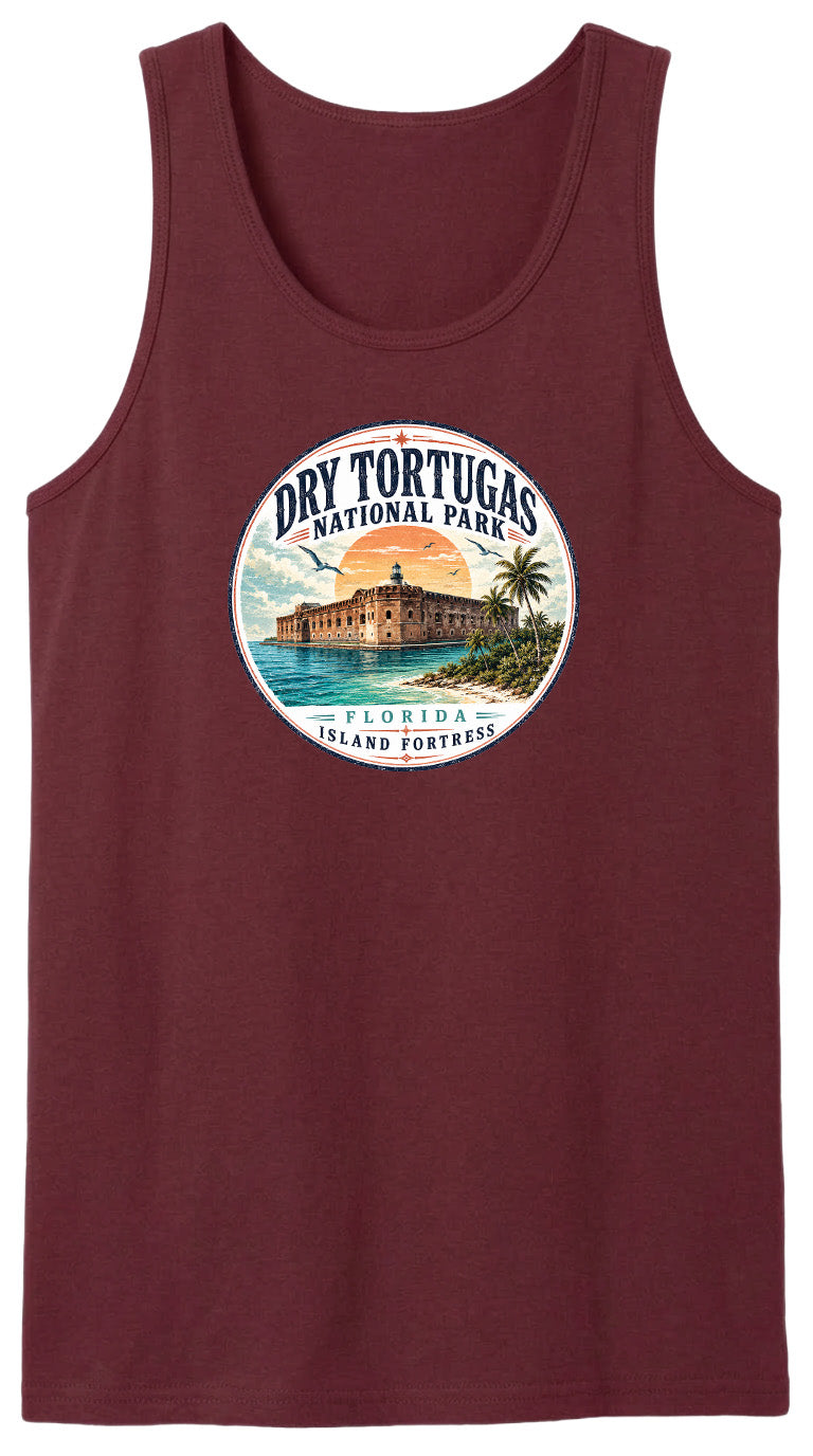 A red tank top with a circular design featuring a building and palm trees, along with the text "Dry Tortugas National Park, Florida Island Fortresses".