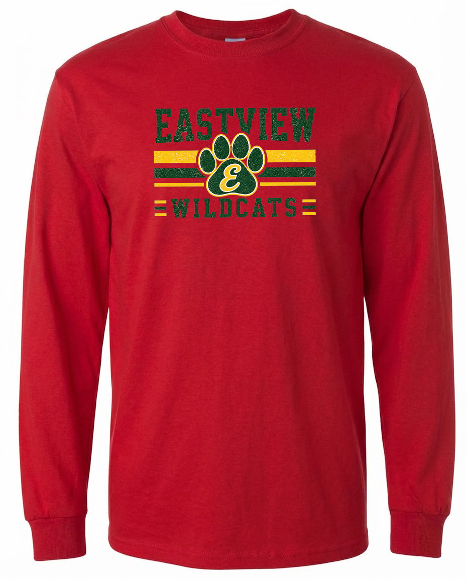 A red long-sleeved t-shirt with a graphic design featuring a paw print and the text "EASTVIEW WILDCATS" printed on it.