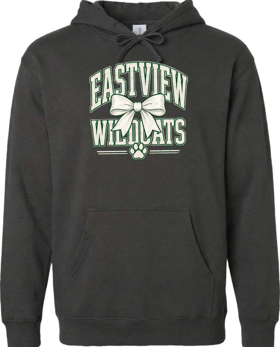 A black hoodie with a graphic design featuring the text "EASTVIEW WILDCATS" and a white bow.