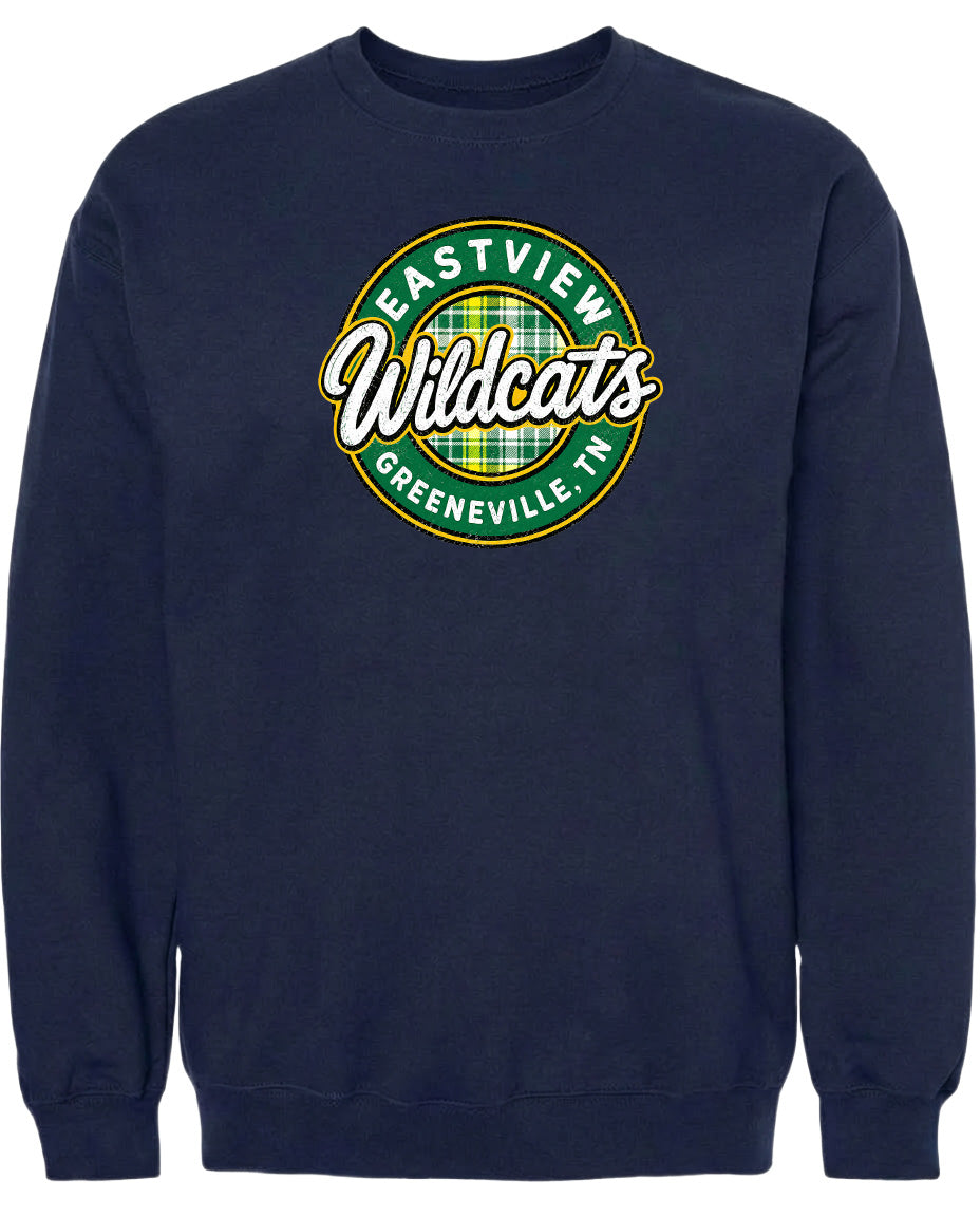 A navy blue sweatshirt with a circular logo on the front. The logo features the text "EASTVIEW Wildcats" and "GREENVILLE, TENN."