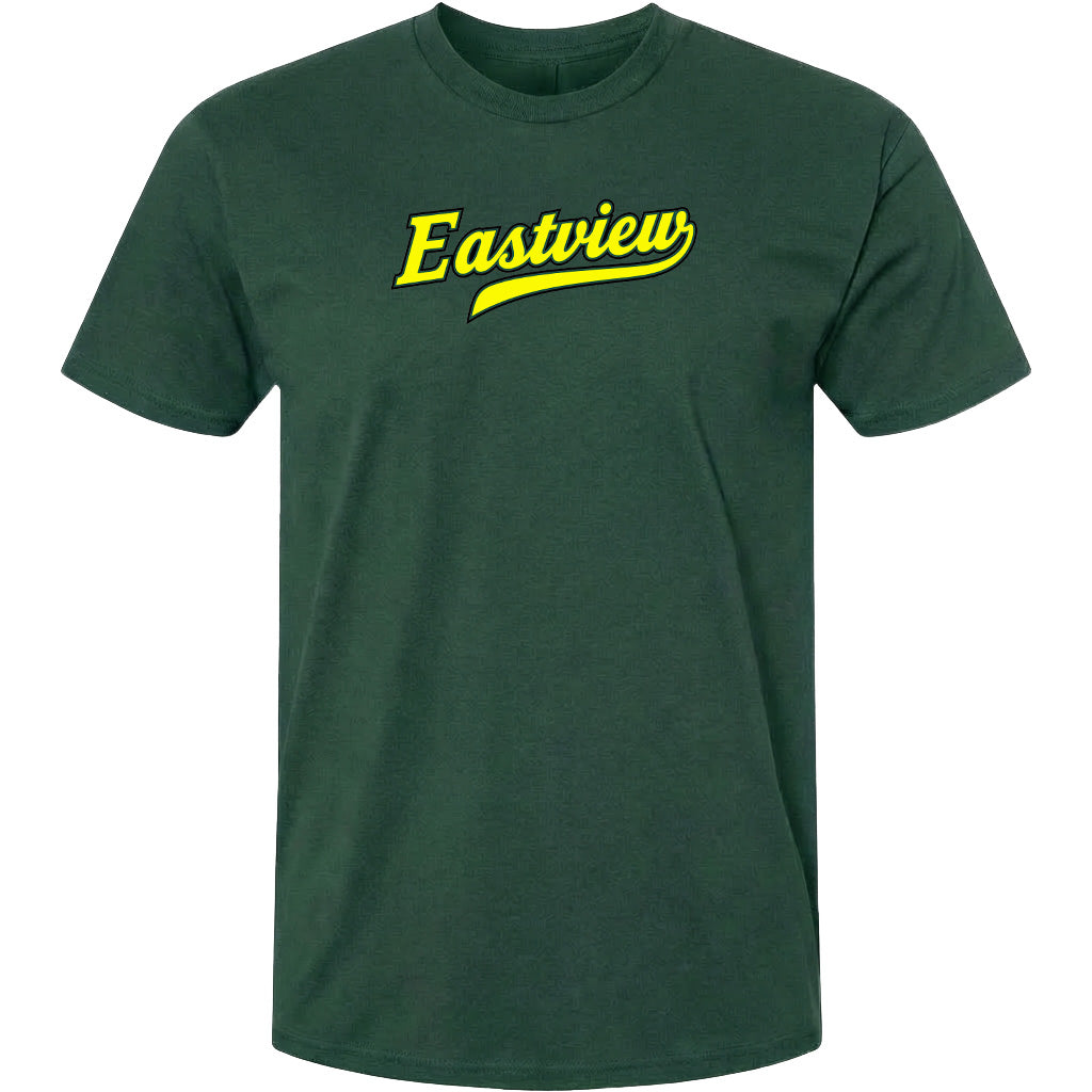 A dark green t-shirt with a yellow text logo that says "Eastview" printed on it.