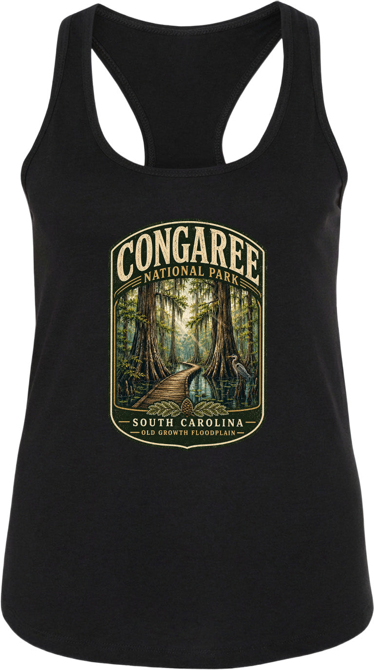 A black tank top with a graphic design depicting a forest scene with a winding path leading through the trees.