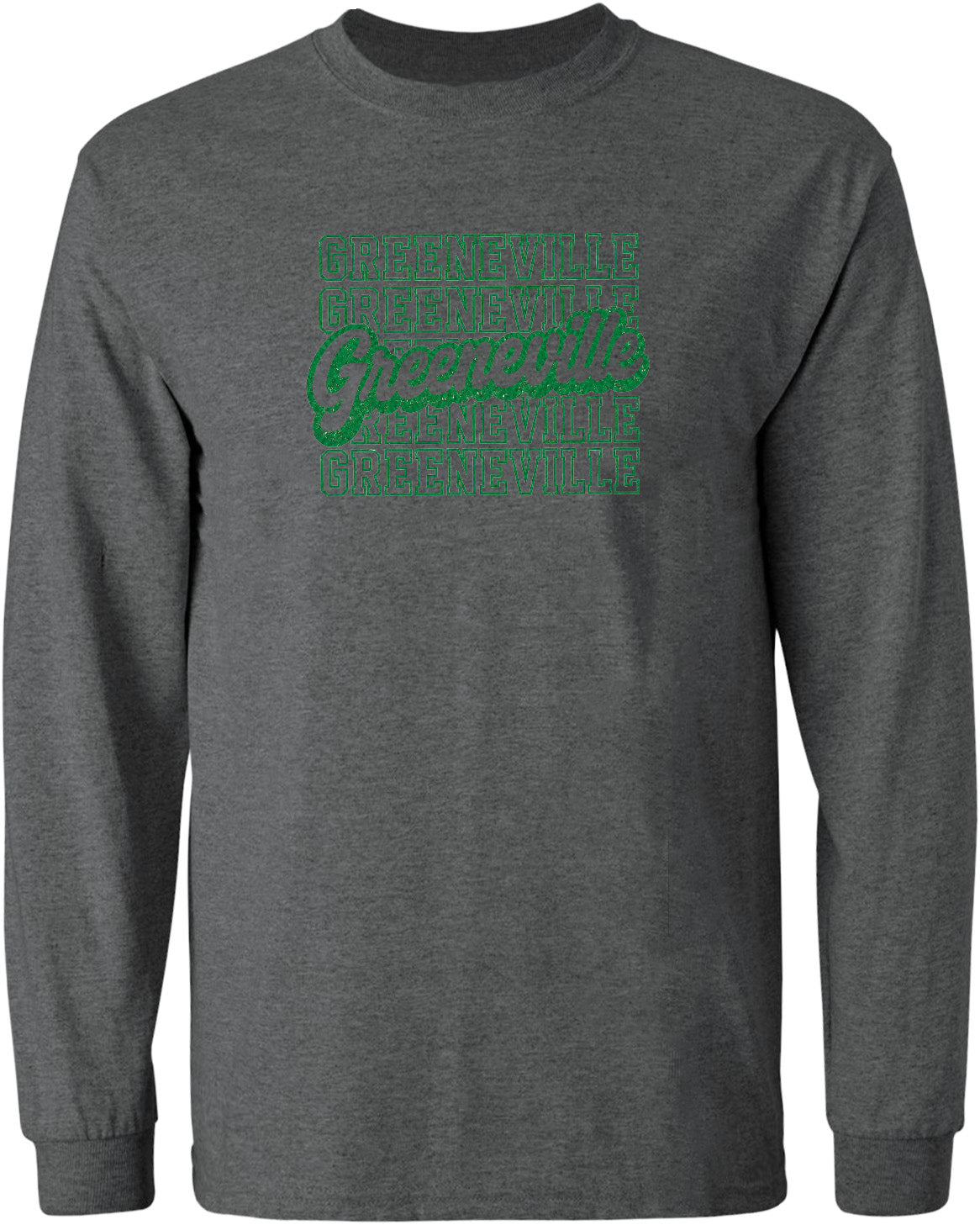 A gray long-sleeved t-shirt with a graphic design featuring the text "Greenville" repeated in a vertical pattern.