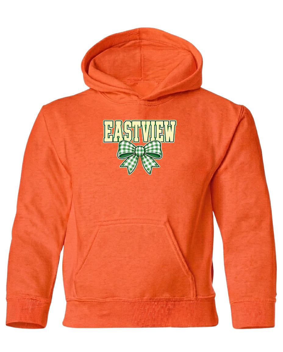 An orange hoodie with a green and white bow on the front.