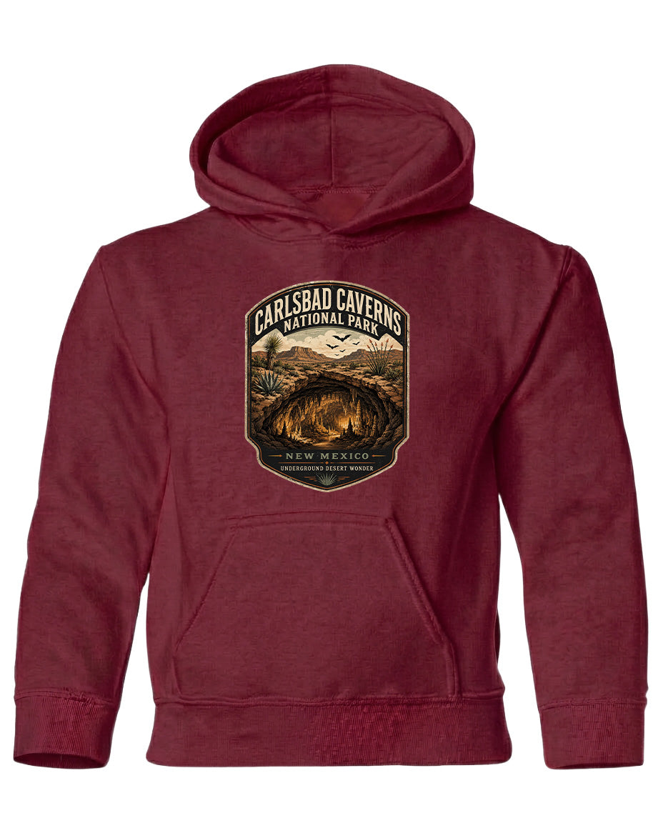 A red hooded sweatshirt with a graphic design depicting a cave or natural landscape.