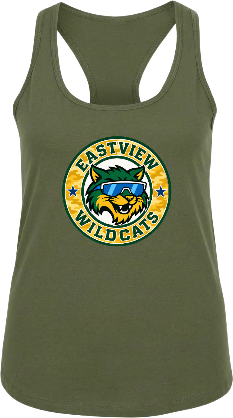 A green tank top with a graphic design featuring a cartoon cat wearing sunglasses and the text "EASTVIEW WILDCATS".
