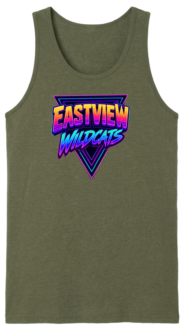 A green tank top with a graphic design featuring the text "EASTVIEW WILDCATS" in a retro, neon-style font.