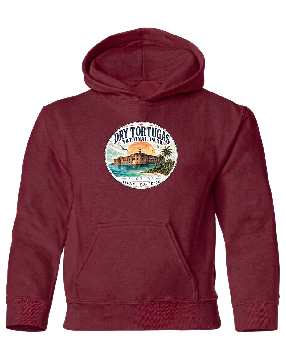 A red hooded sweatshirt with a circular logo on the front, depicting a tropical island with palm trees and a building.