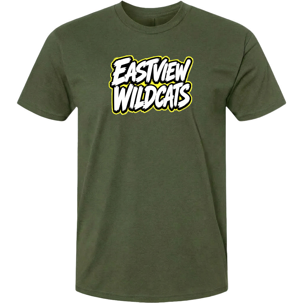 A green t-shirt with the text "EASTVIEW WILDCATS" printed on it.