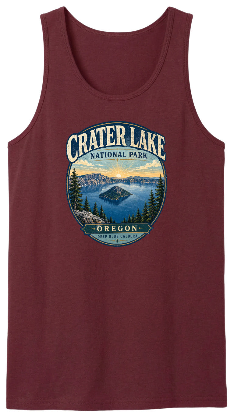 A red tank top with a graphic design depicting Crater Lake National Park in Oregon.