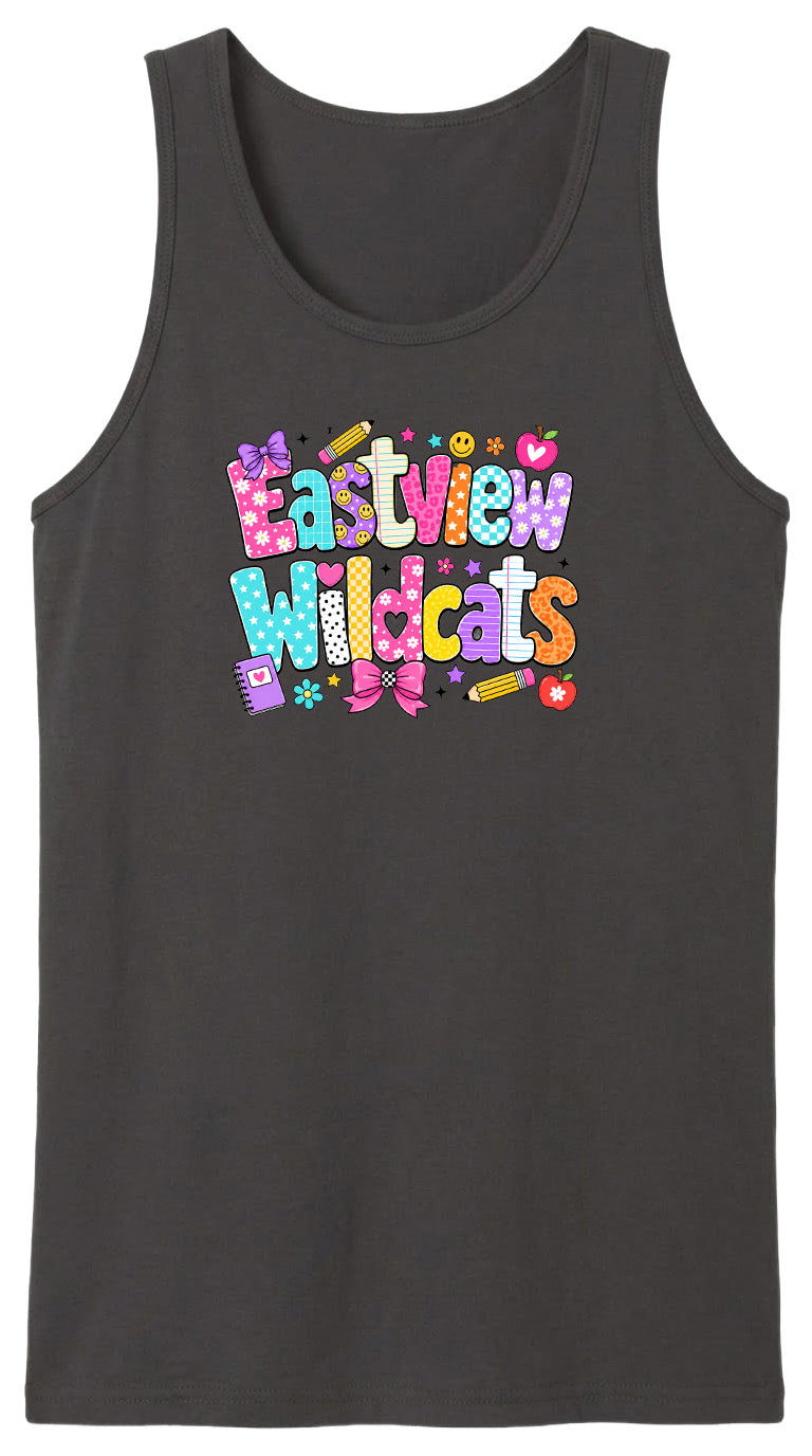 A black tank top with a colorful, playful graphic design featuring the text "Eastview Wildcats" in a vibrant, cartoon-like style.