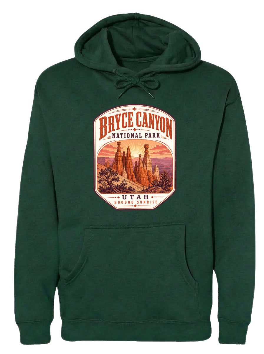A green hoodie with a graphic design depicting Bryce Canyon National Park and Utah.