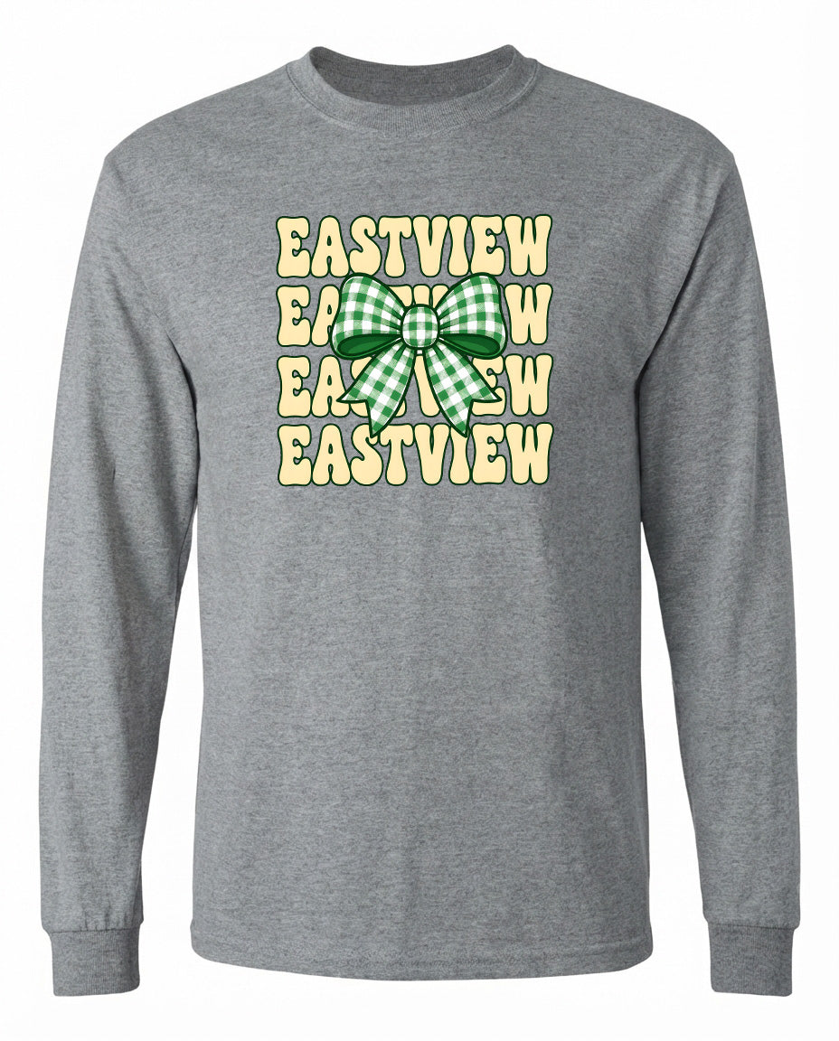 A gray long-sleeved shirt with a graphic design featuring a green and white checkered bow and the word "EASTVIEW" repeated in a vertical pattern.