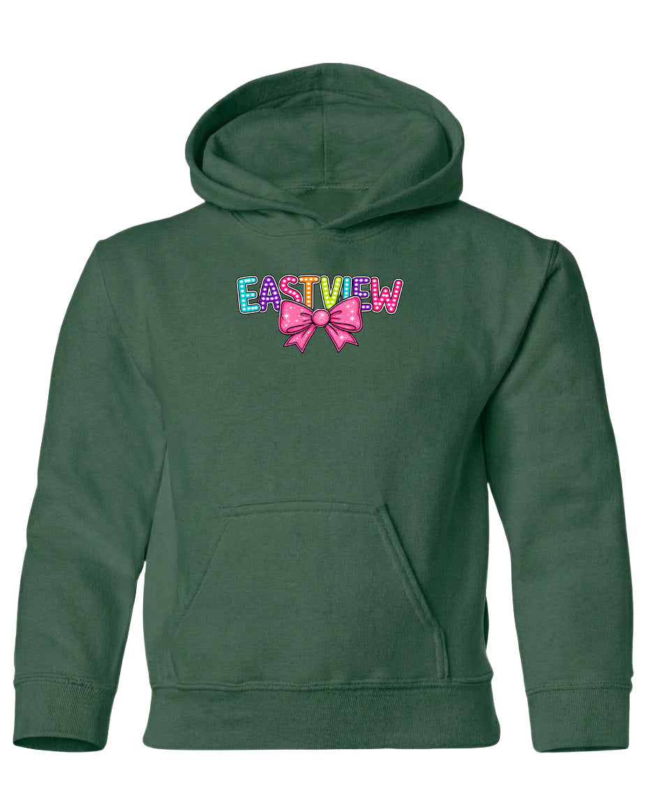 A green hoodie with a colorful bow on the front.