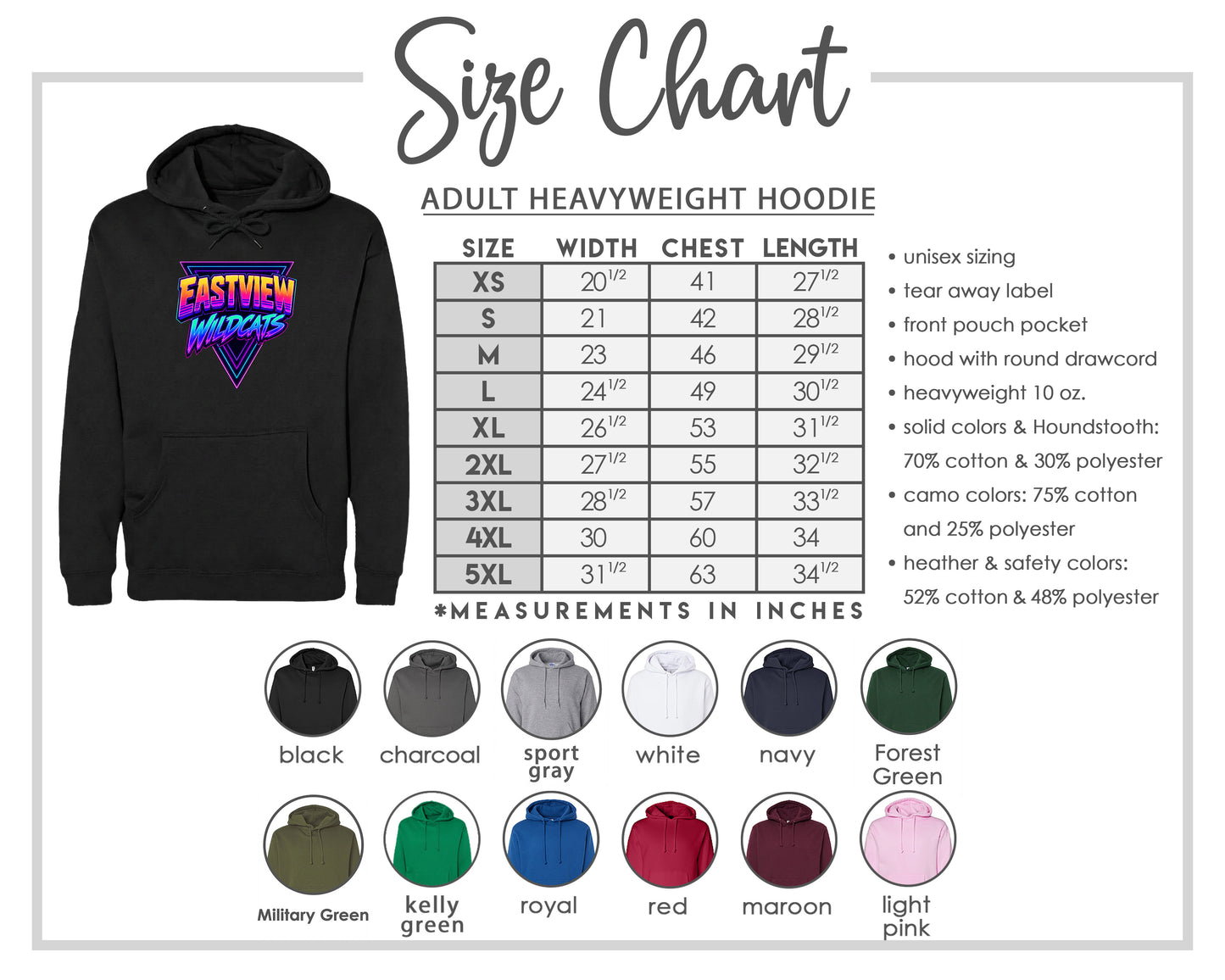 The image is a size chart for an adult heavyweight hoodie, including various color options and measurements in inches.
