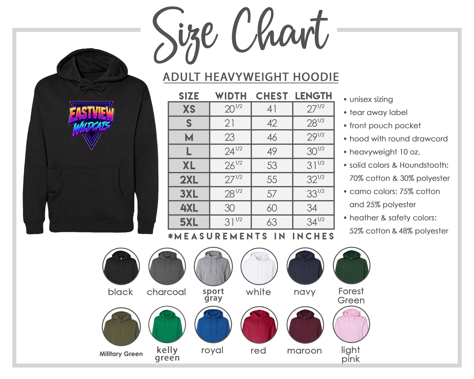 The image is a size chart for an adult heavyweight hoodie, including various color options and measurements in inches.