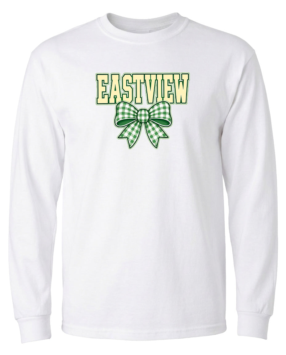 A white long-sleeved t-shirt with a green and white bow on the front.