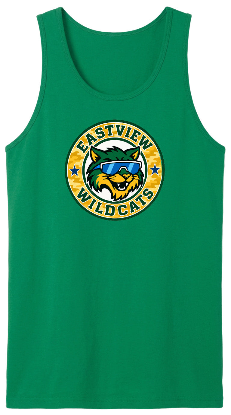 A green tank top with a circular logo featuring a cartoon cat wearing sunglasses and the text "EASTVIEW WILDCATS".