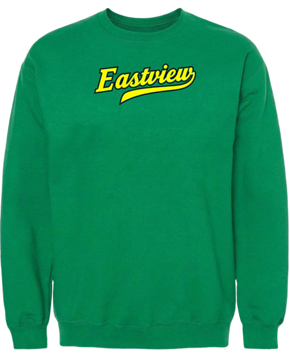 A bright green sweatshirt with the word "Eastview" printed in yellow on the front.
