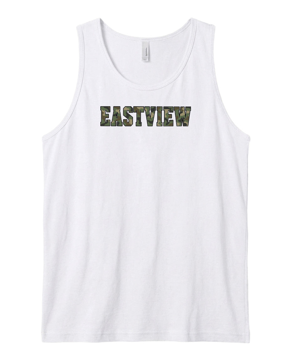 A white tank top with the word "EASTVIEW" printed on it in a camouflage pattern.