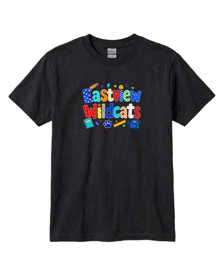 A black t-shirt with a colorful graphic design featuring the text "Eastview Wildcats" and various school-related icons.