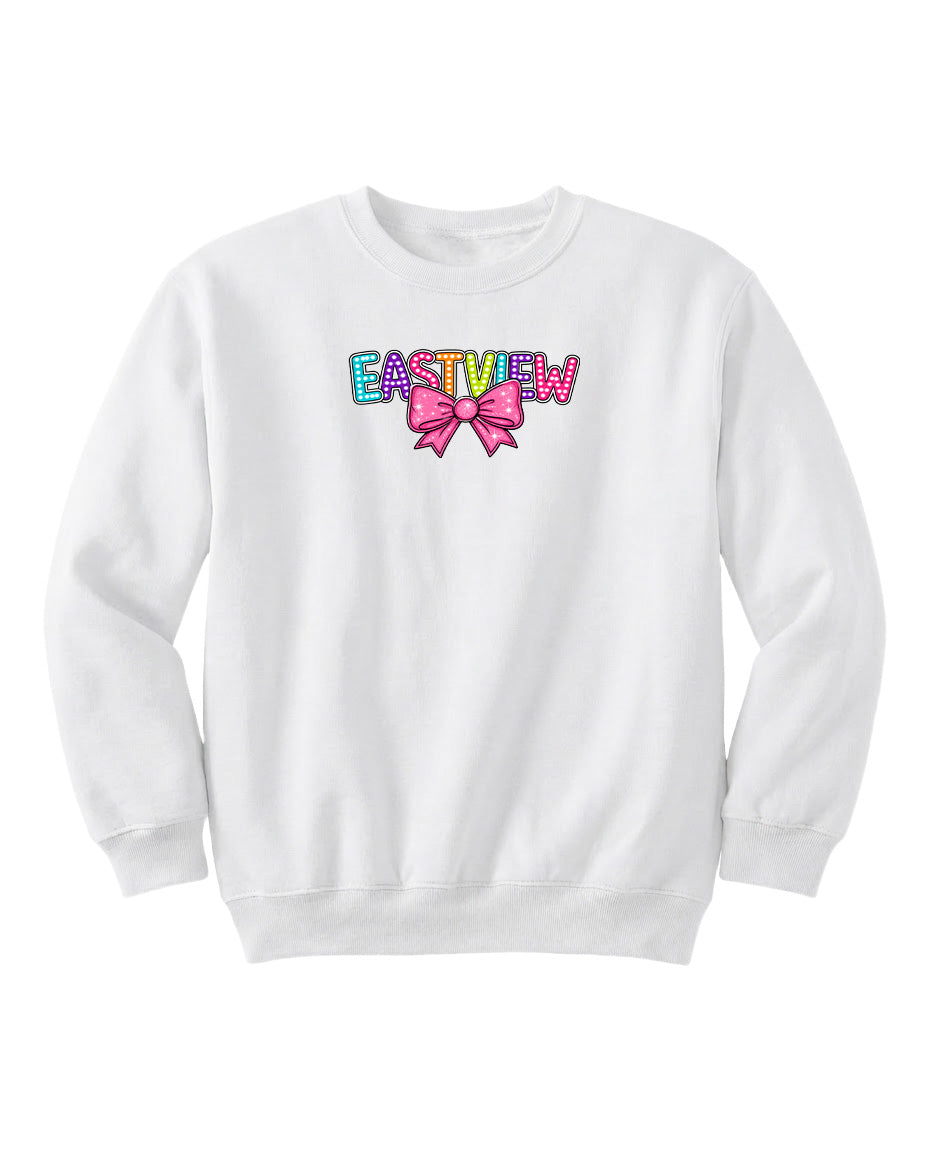 A white sweatshirt with the word "EASTVIEW" printed on it, along with a pink bow.