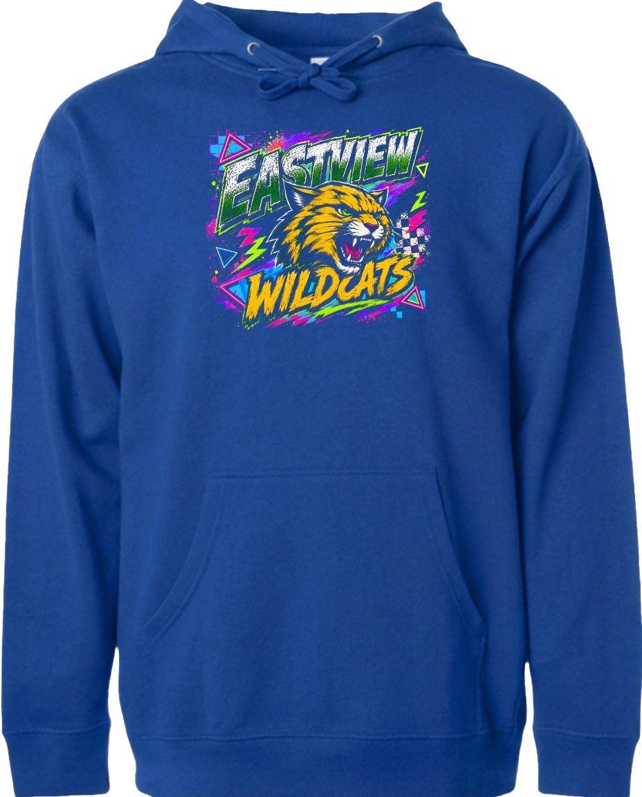 A blue hoodie with a graphic design featuring a cartoon-like wildcat and the text "EASTVIEW WILDCATS".