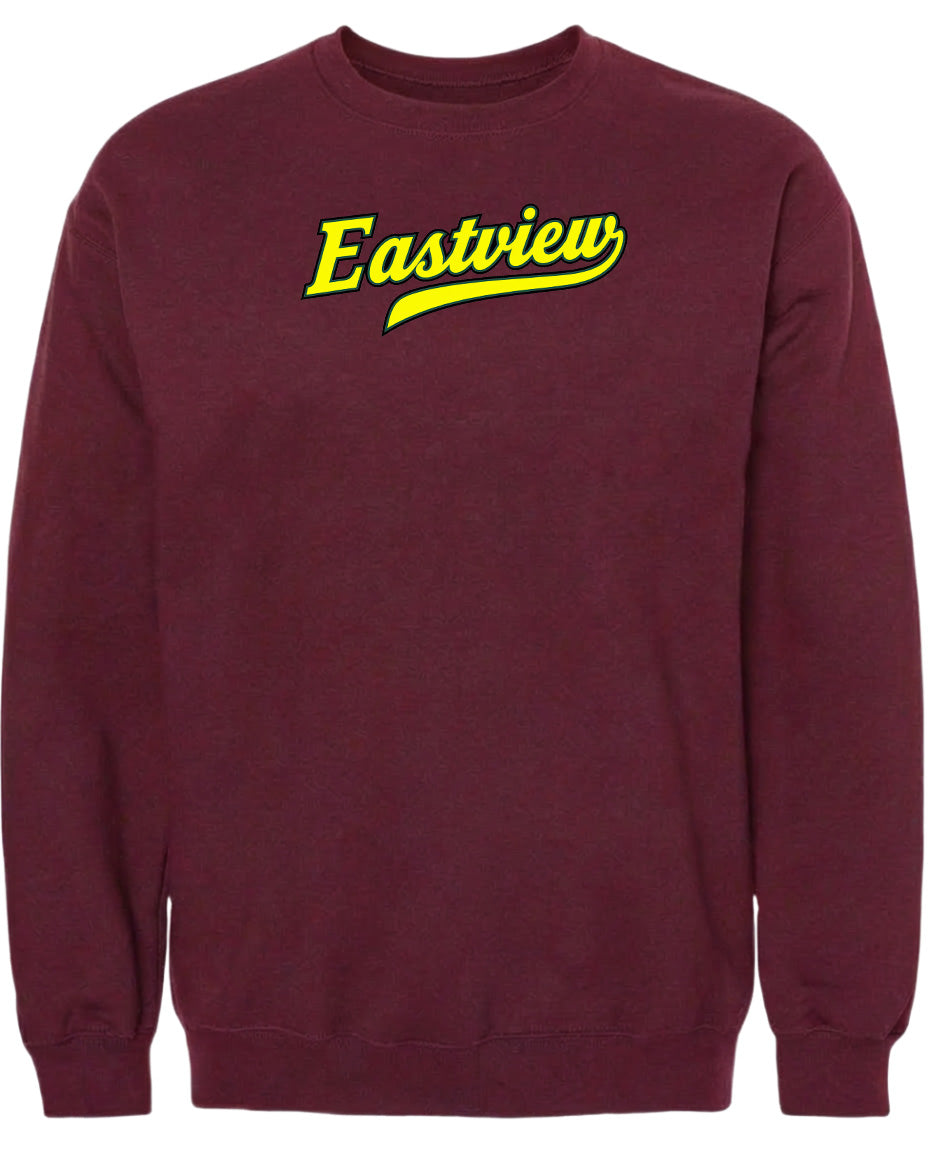 A burgundy-colored sweatshirt with the word "Eastview" printed in yellow on the front.