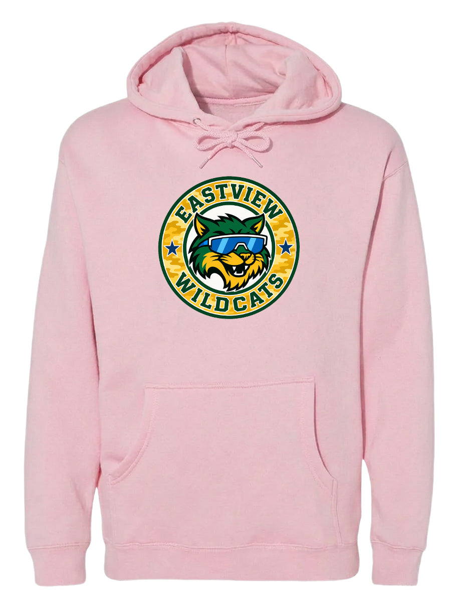 A pink hoodie with a logo of the Eastview Wildcats, a sports team.