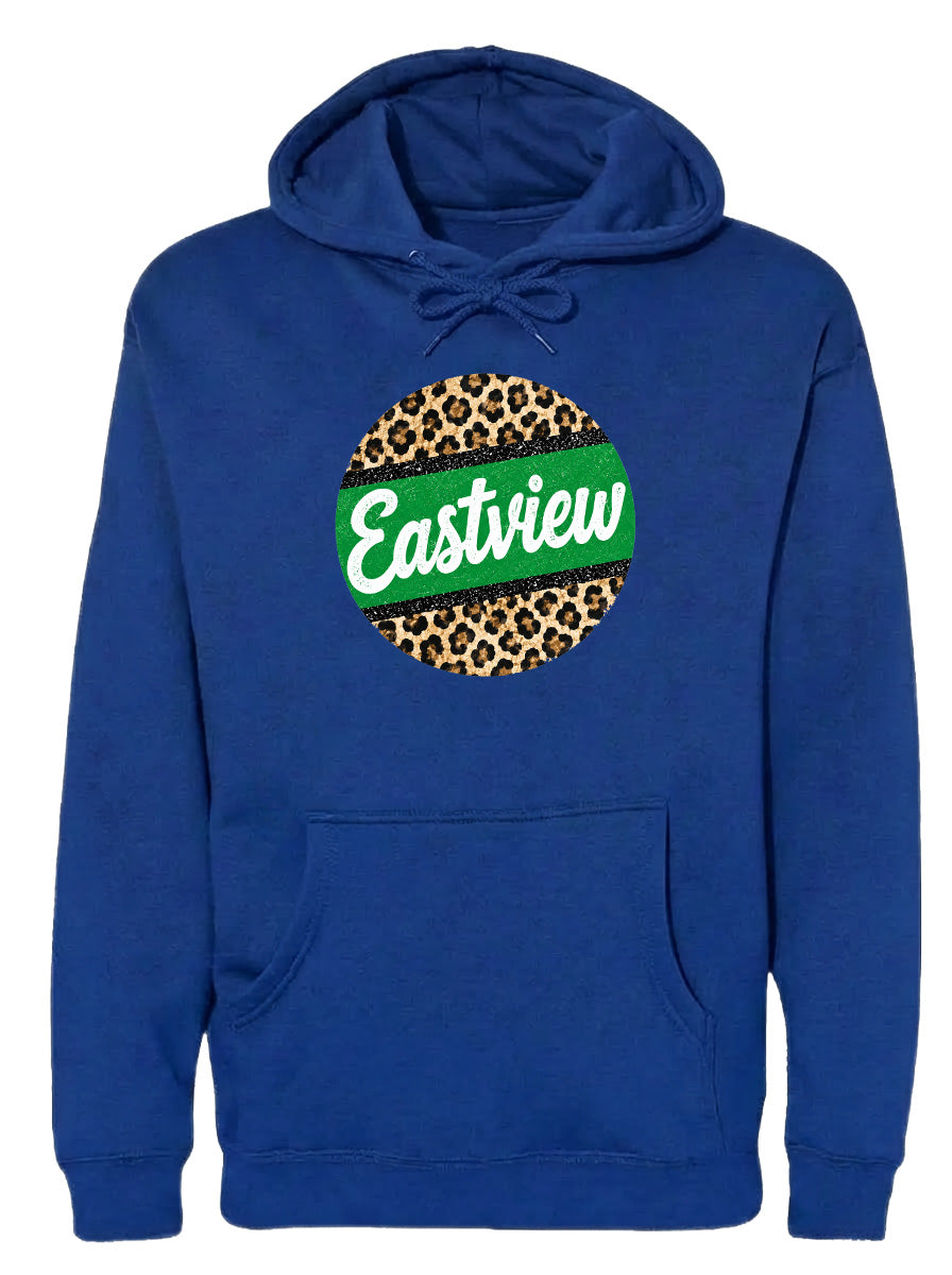 A blue hoodie with a leopard print design and the word "Eastview" printed on it.