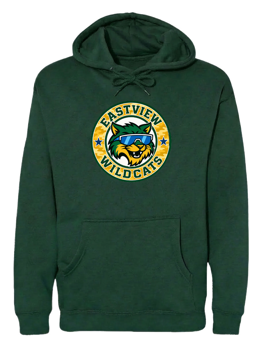 A green hoodie with a logo on the front.