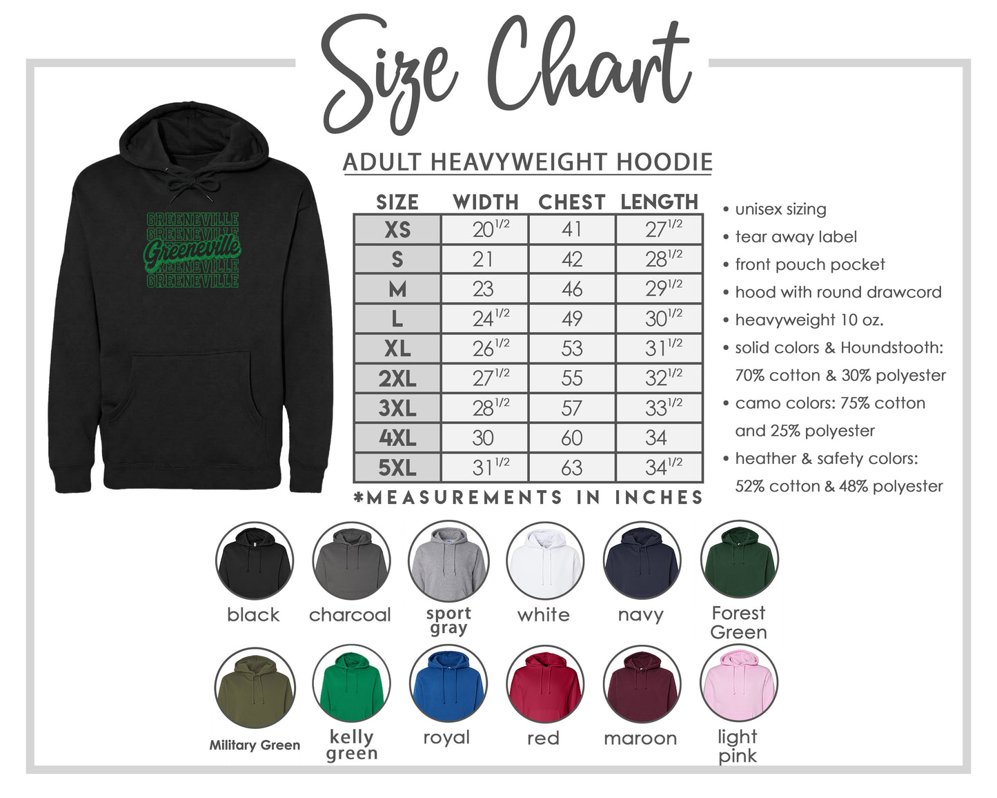 The image is a size chart for an adult heavyweight hoodie, providing measurements for different chest sizes and widths.
