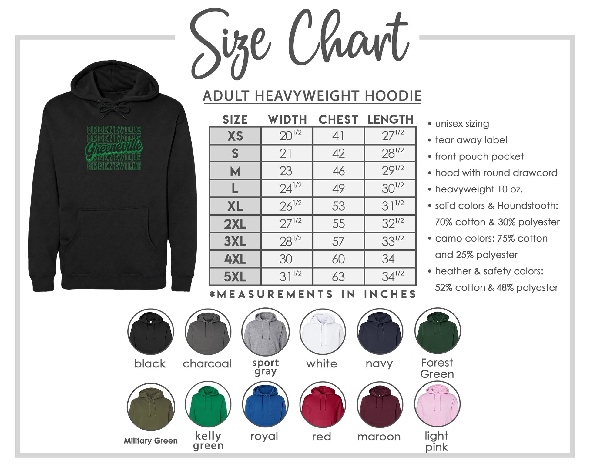 The image is a size chart for an adult heavyweight hoodie, providing measurements for different chest sizes and widths.