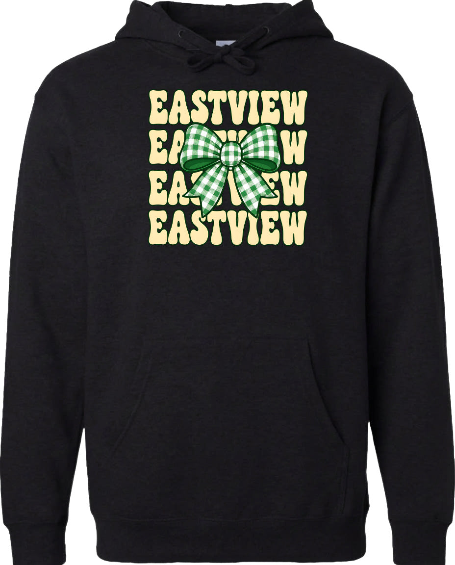 A black hoodie with a graphic design featuring a green and white checkered bow and the text "EASTVIEW" repeated in a vertical pattern.